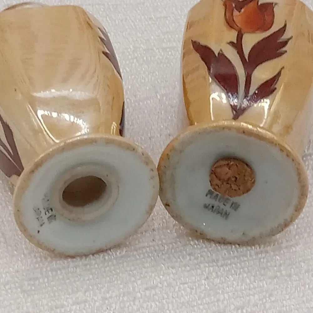 Japan Lusterware Tan TULIP Porcelain Vtg Salt Pepper Shakers 3 in Hand Painted